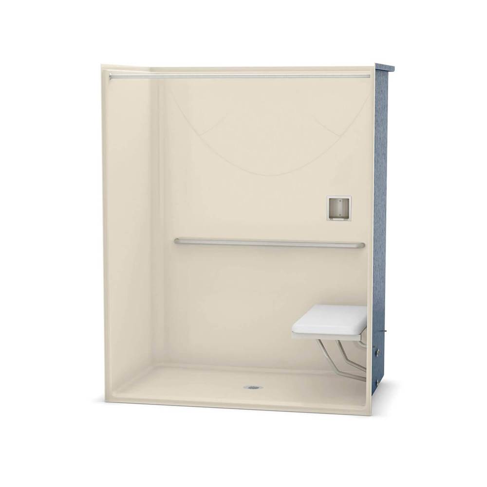 Aker OPS-6036 AcrylX Alcove Center Drain One-Piece Shower in Bone - MASS Grab Bar and Seat