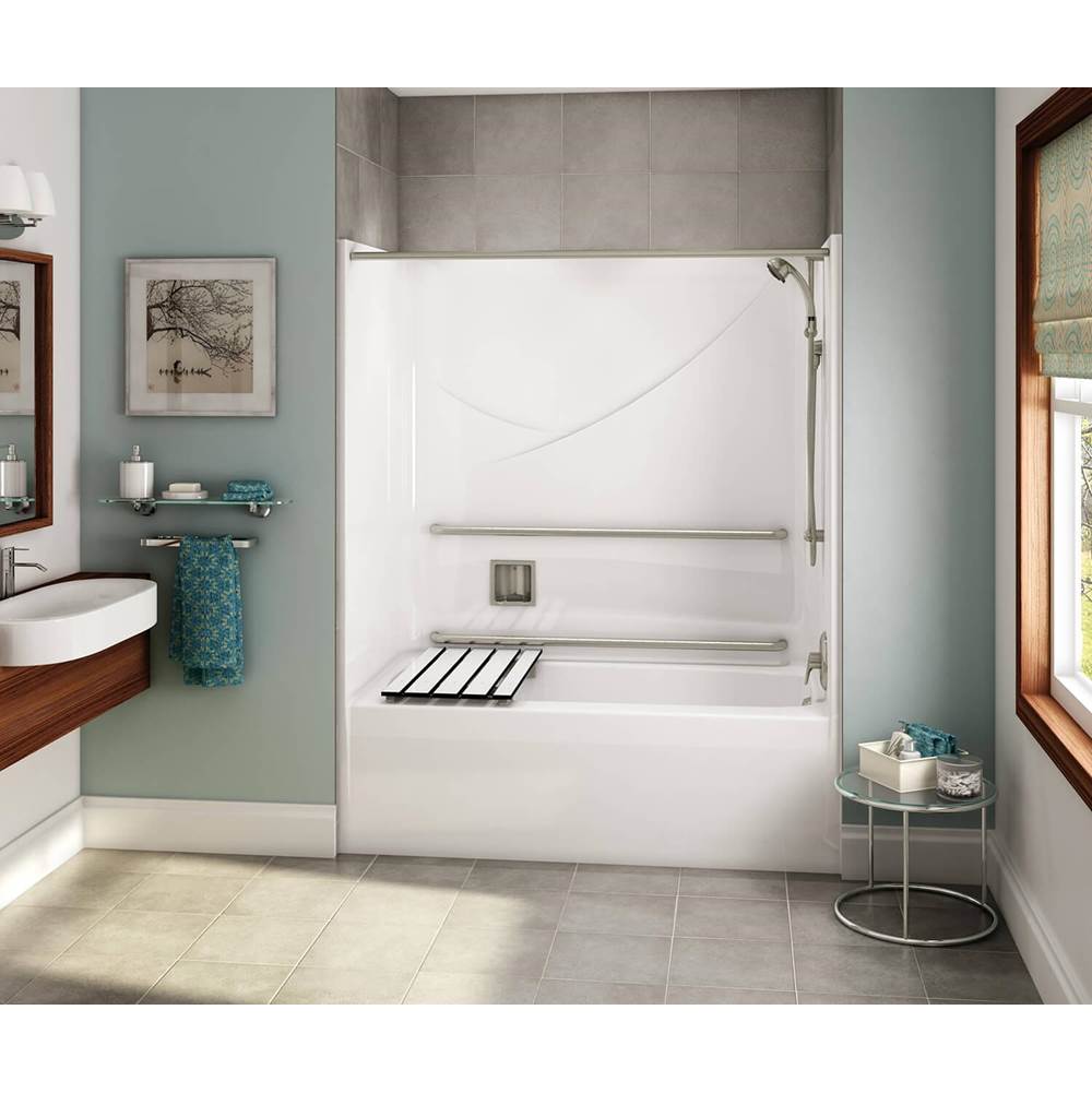 Aker OPTS-6032 AcrylX Alcove Right-Hand Drain One-Piece Tub Shower in Sterling Silver - MASS Grab Bars and Seat