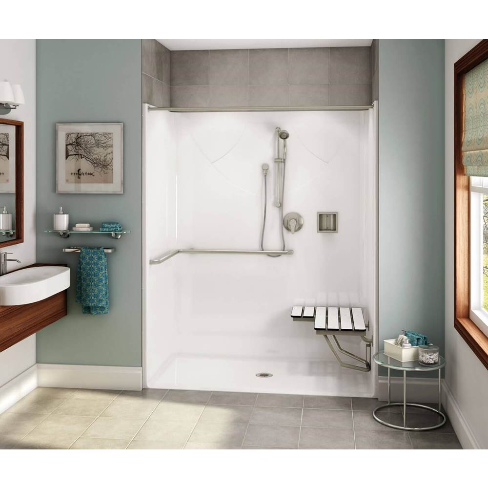 Aker OPS-6030 AcrylX Alcove Center Drain One-Piece Shower in Sterling Silver - ADA Compliant (with Seat)
