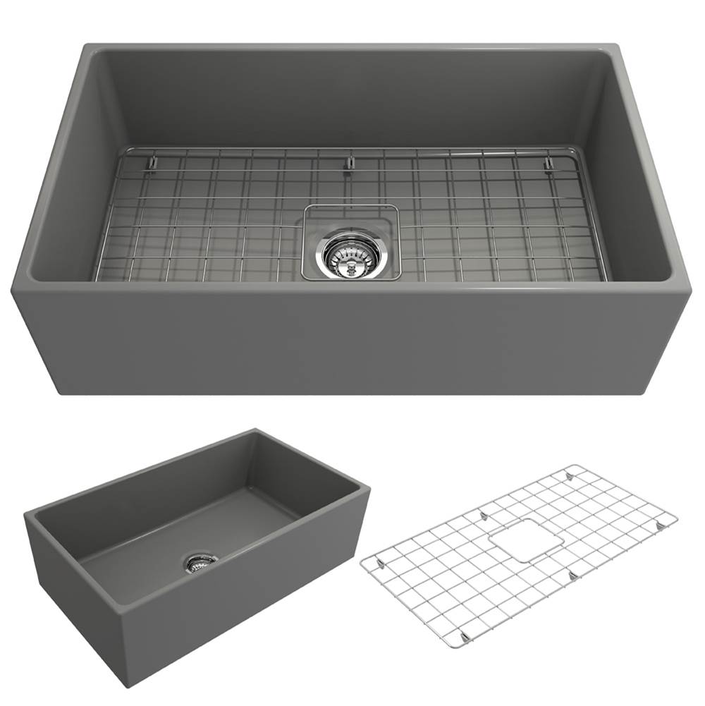 BOCCHI Contempo Apron Front Fireclay 33 in. Single Bowl Kitchen Sink with Protective Bottom Grid and Strainer in Matte Gray