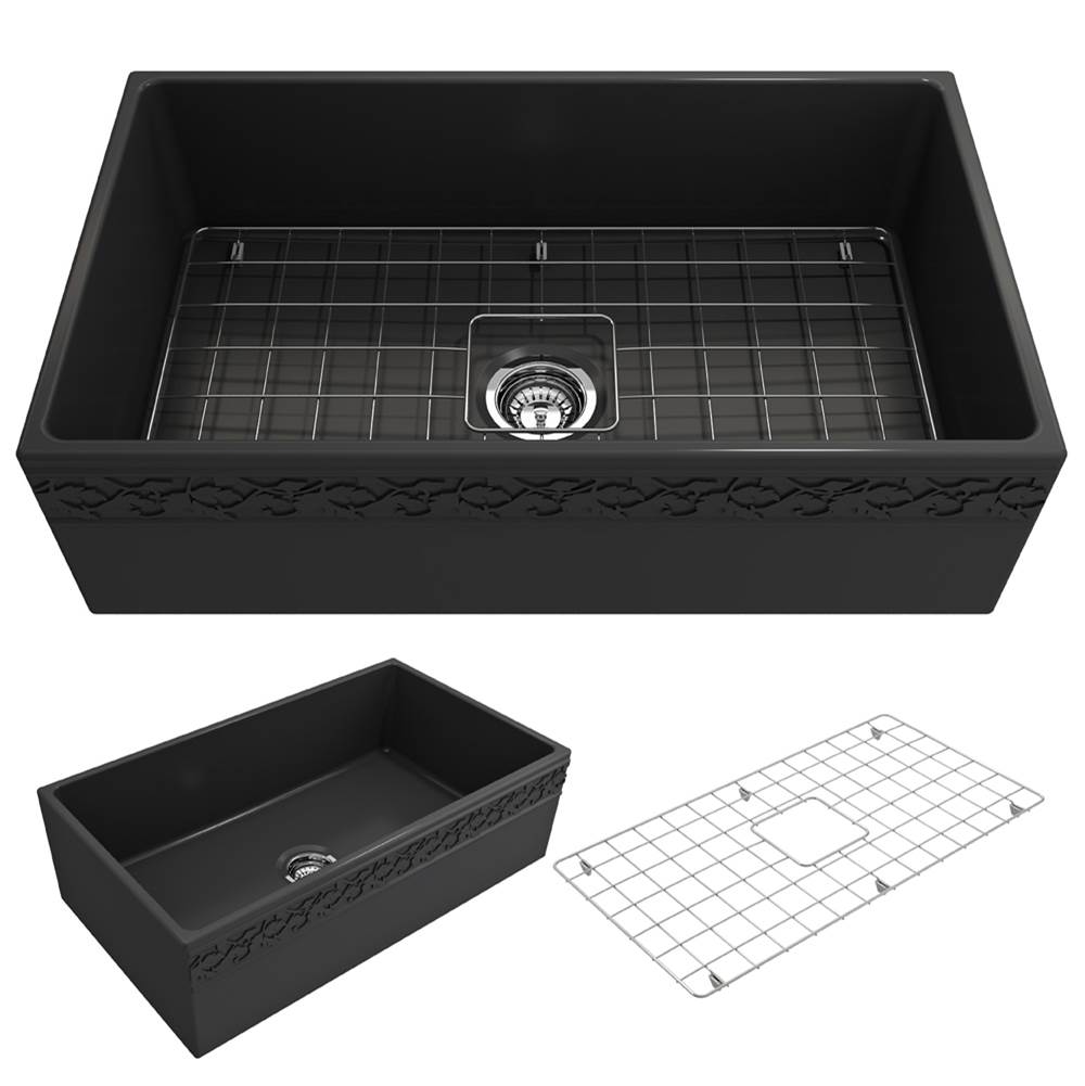 BOCCHI Vigneto Apron Front Fireclay 33 in. Single Bowl Kitchen Sink with Protective Bottom Grid and Strainer in Matte Dark Gray