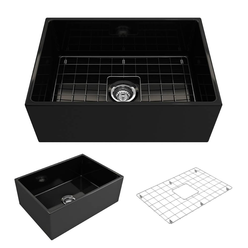 BOCCHI Contempo Apron Front Fireclay 27 in. Single Bowl Kitchen Sink with Protective Bottom Grid and Strainer in Black