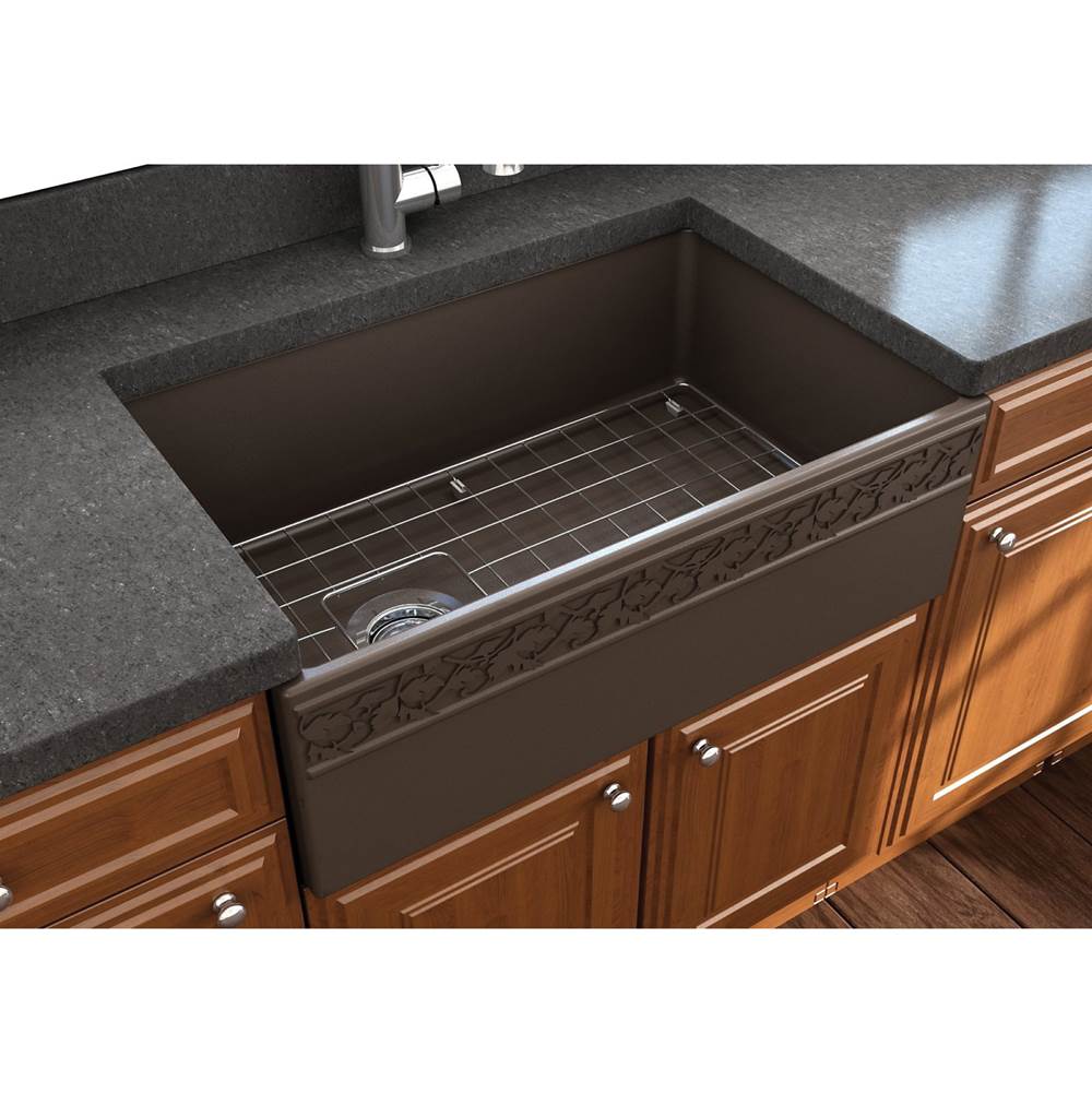 BOCCHI Vigneto Apron Front Fireclay 30 in. Single Bowl Kitchen Sink with Protective Bottom Grid and Strainer in Matte Brown