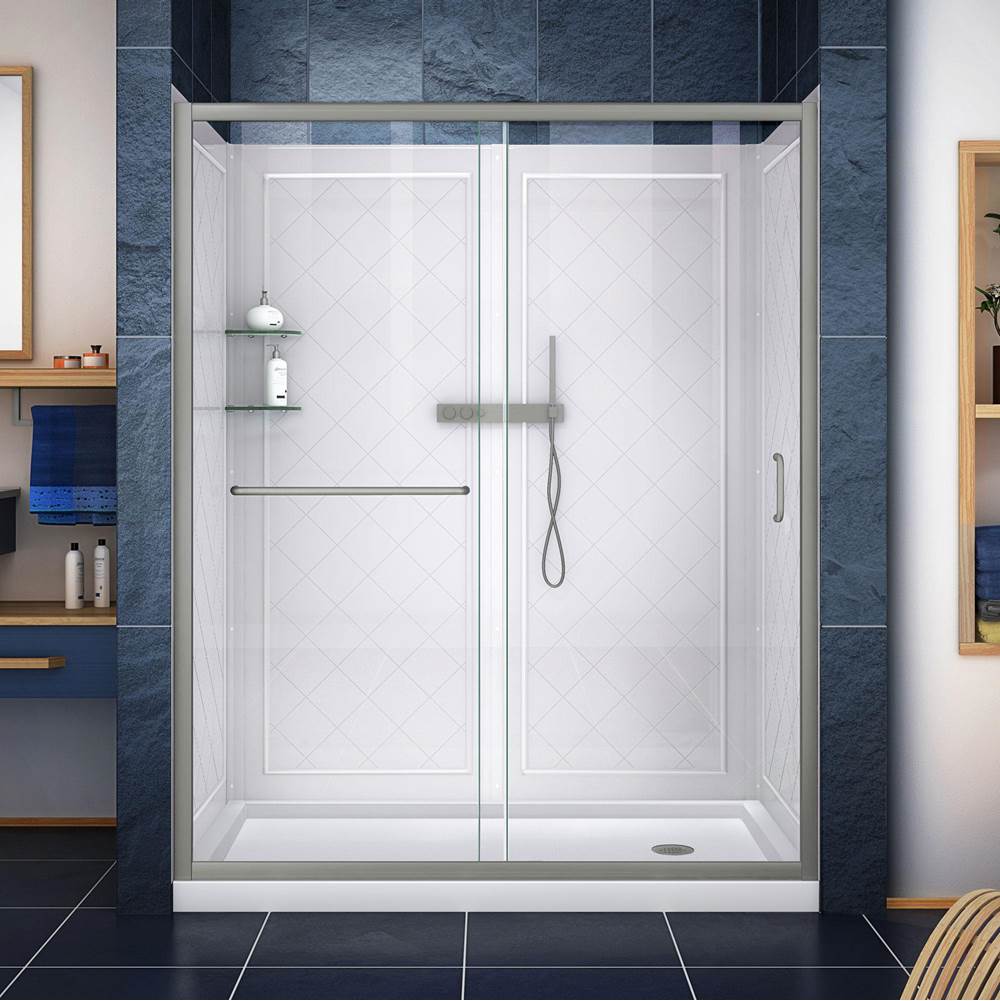 Dreamline Showers DreamLine Infinity-Z 30 in. D x 60 in. W x 76 3/4 in. H Sliding Shower Door in Brushed Nickel, Right Drain White Base and Backwall