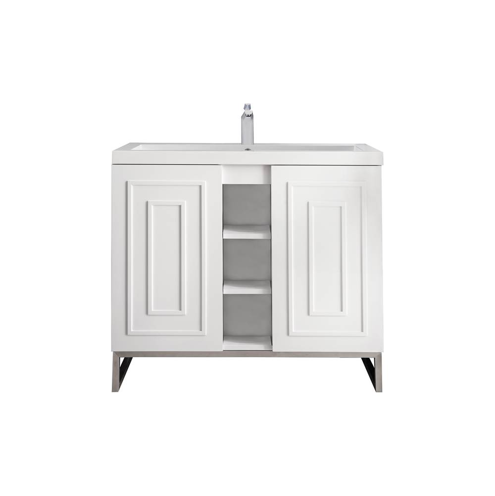 James Martin Vanities Alicante' 39.5'' Single Vanity Cabinet, Glossy White, Brushed Nickel w/White Glossy Composite Countertop