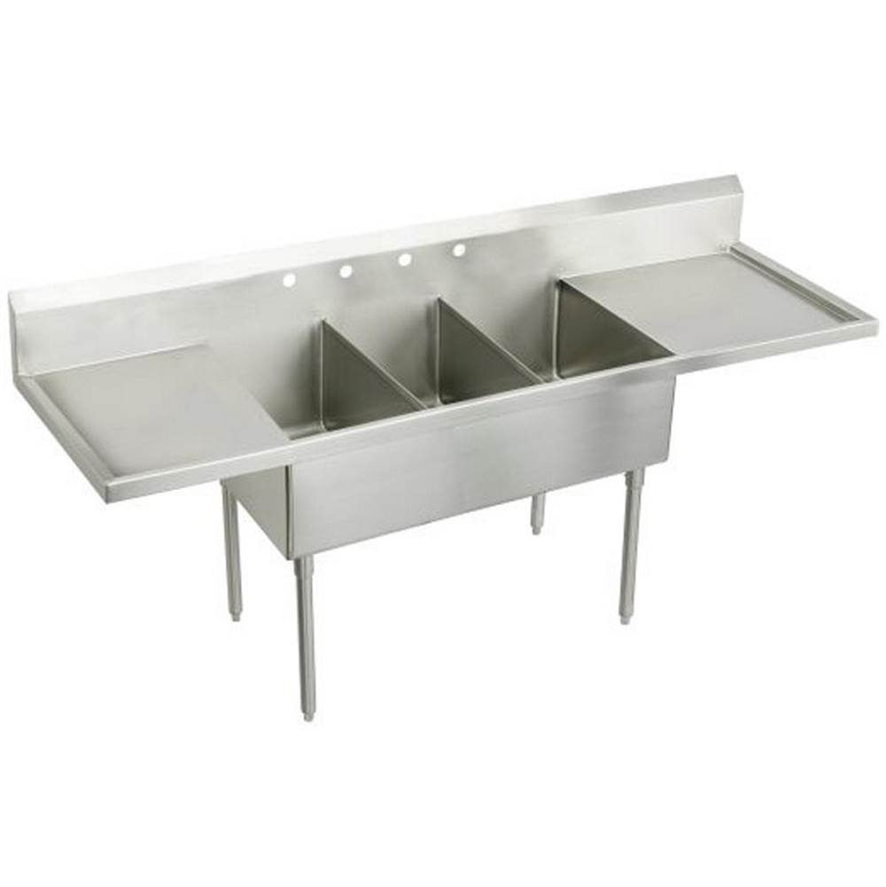 Just Manufacturing Stainless Steel 120'' x 27-1/2'' x 14'' Floor Mount Triple 6-Hole Scullery Sink w/LandR Drainboards Coved Corners