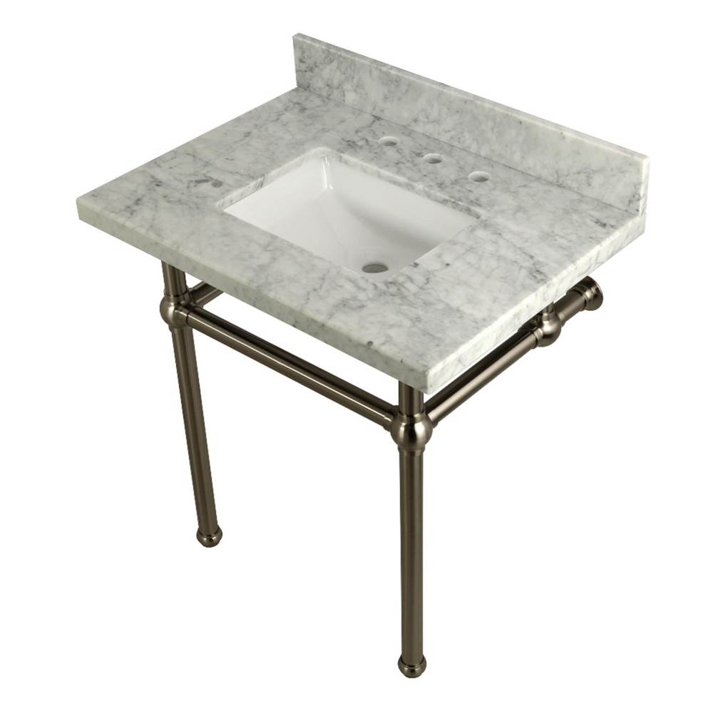 Kingston Brass Templeton 30'' x 22'' Carrara Marble Vanity Top with Brass Console Legs, Carrara Marble/Brushed Nickel