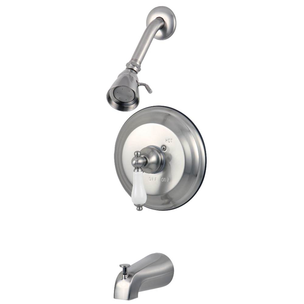 Kingston Brass Water Saving Restoration Tub and Shower Faucet with Porcelain Lever Handles, Brushed Nickel