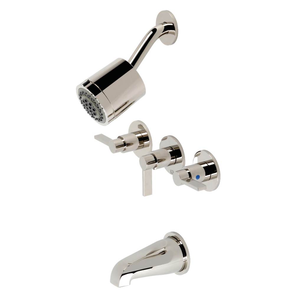 Kingston Brass NuvoFusion Three-Handle Tub and Shower Faucet, Polished Nickel