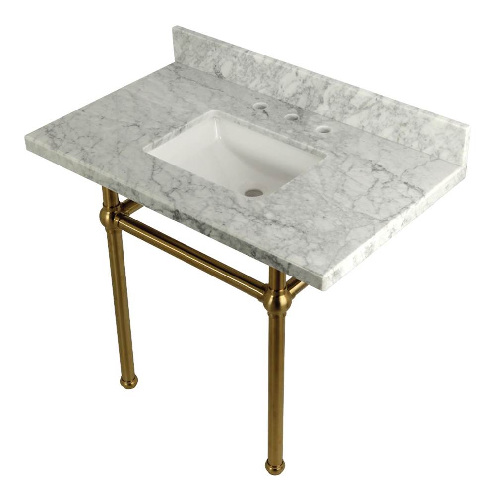 Kingston Brass Templeton 36'' x 22'' Carrara Marble Vanity Top with Brass Console Legs, Carrara Marble/Brushed Brass