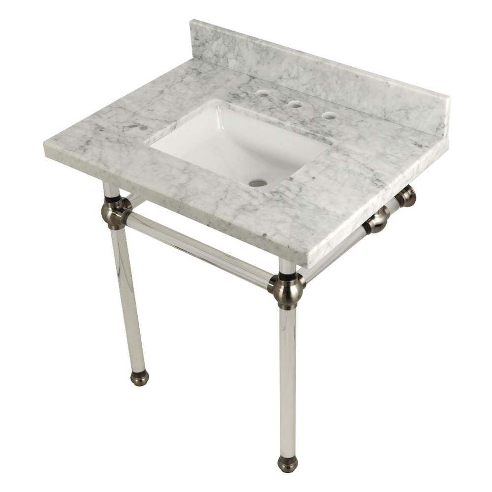Kingston Brass Templeton 30'' x 22'' Carrara Marble Vanity Top with Clear Acrylic Console Legs, Carrara Marble/Brushed Nickel