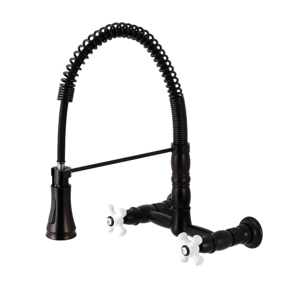 Kingston Brass Gourmetier Heritage Two-Handle Wall-Mount Pull-Down Sprayer Kitchen Faucet, Oil Rubbed Bronze