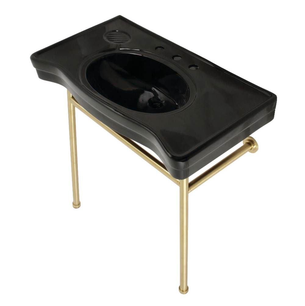 Kingston Brass Fauceture VPB28140W87K Bristol 36'' Ceramic Console Sink with Stainless Steel Legs, Black/Brushed Brass