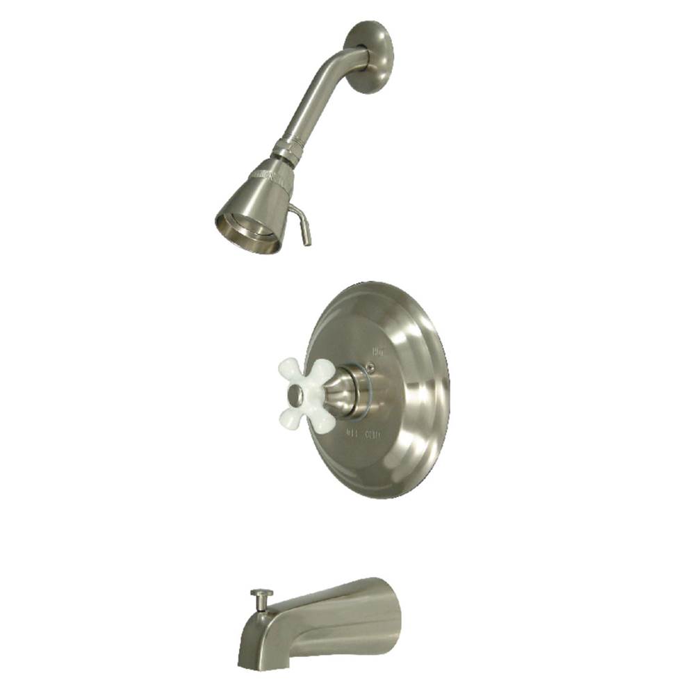 Kingston Brass Water Saving Restoration Tub and Shower Faucet with Porcelain Cross Handles, Brushed Nickel