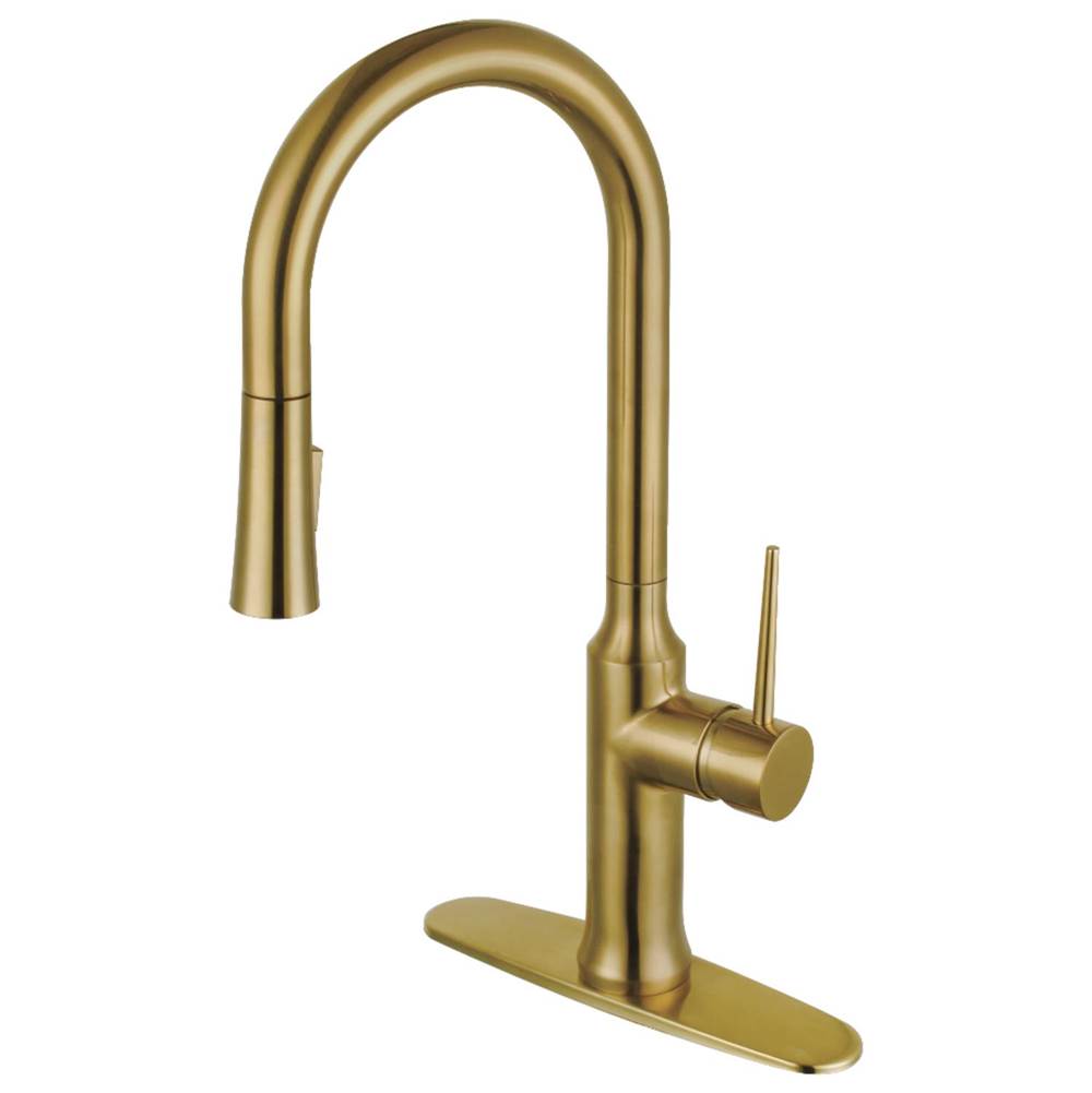 Kingston Brass Gourmetier New York Single-Handle Pull-Down Kitchen Faucet, Brushed Brass