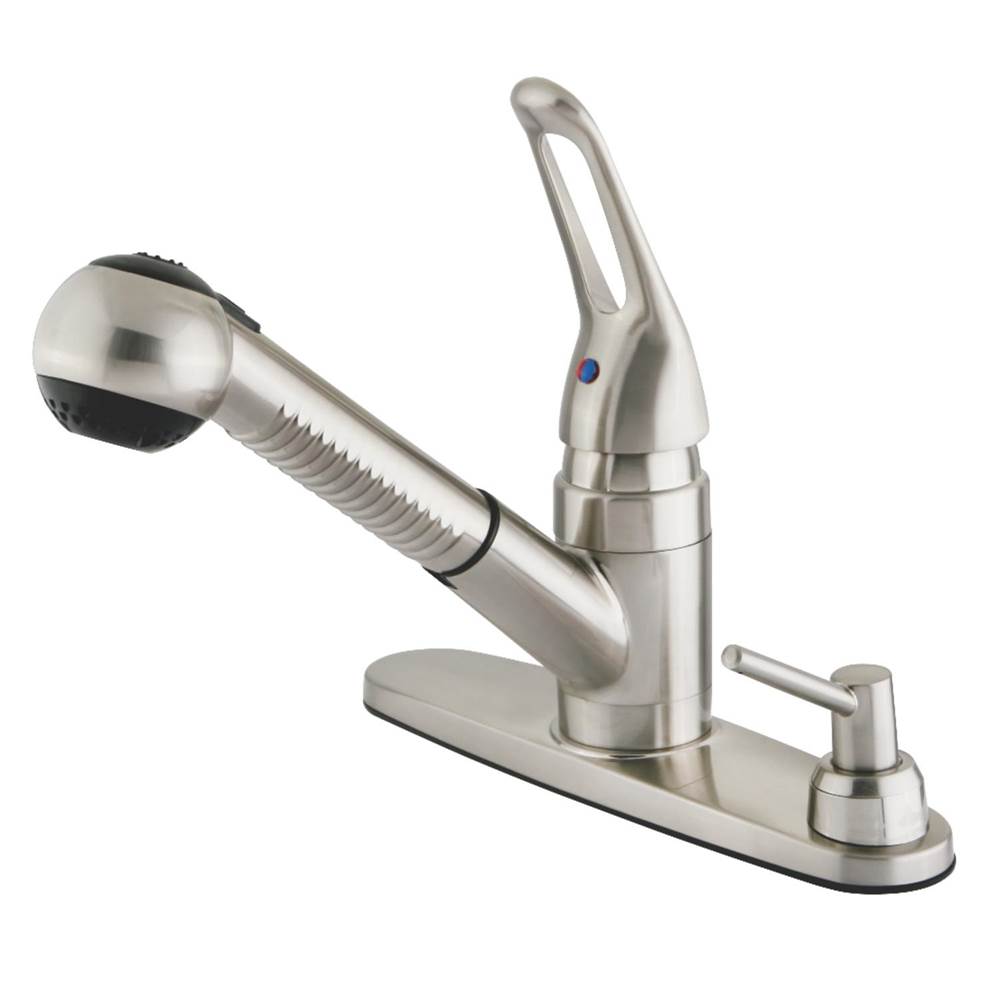 Kingston Brass Water Saving Wyndham Pull-out Kitchen Faucet with Single Loop Handle, Matching Wand and Soap Dispenser, Brushed Nickel