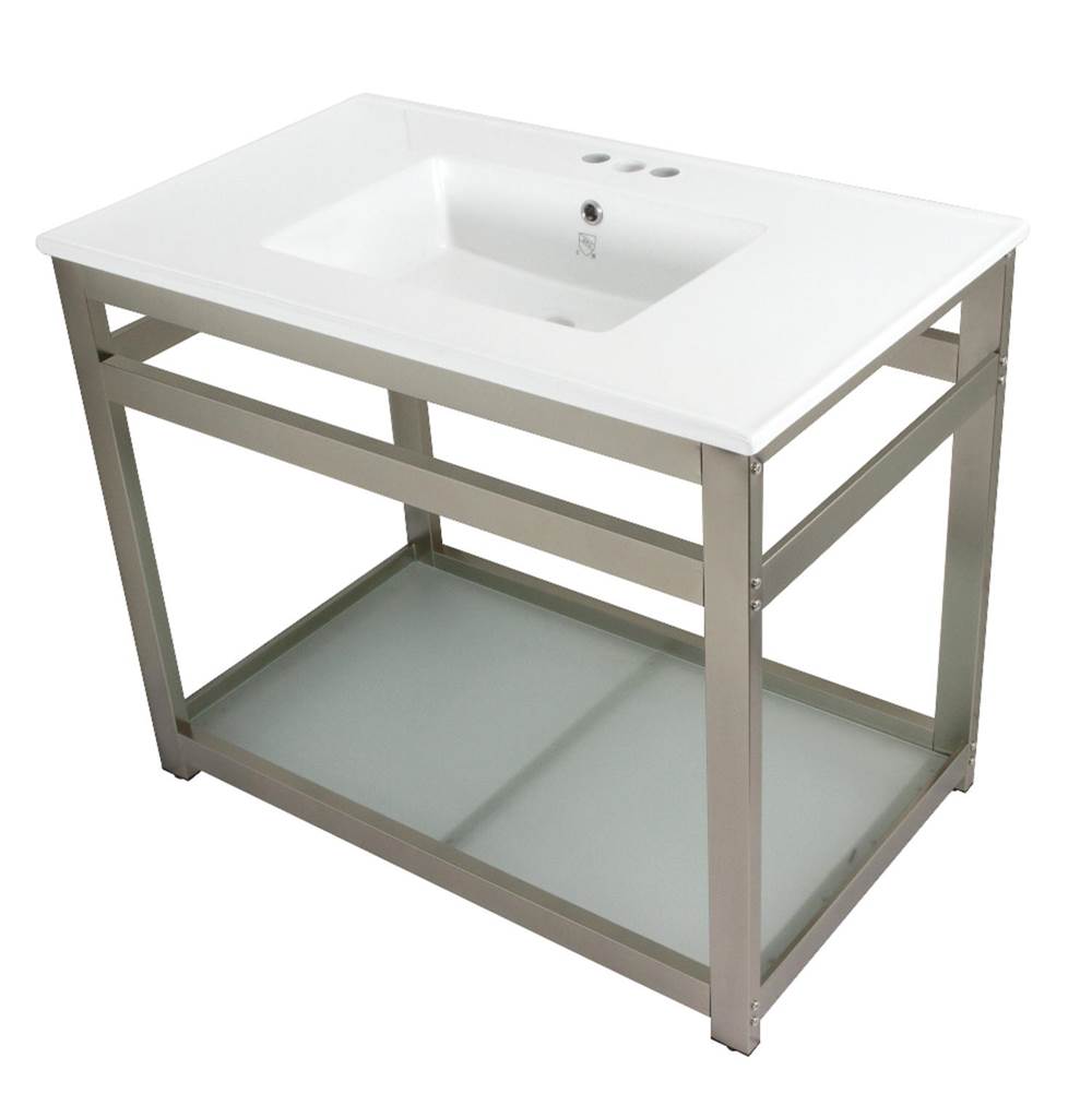 Kingston Brass Fauceture Quadras 37-Inch Ceramic Console Sink (4-Inch, 3-Hole), White/Brushed Nickel