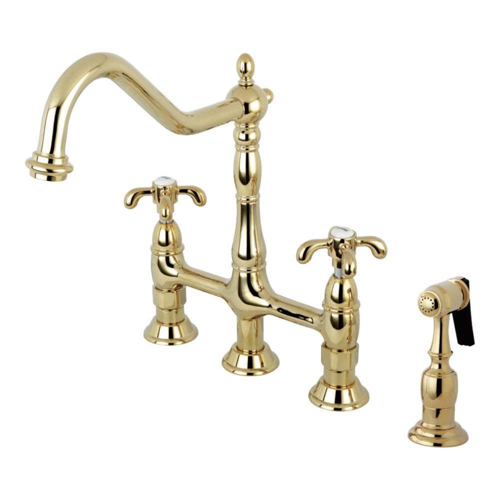 Kingston Brass French Country Bridge Kitchen Faucet with Brass Sprayer, Polished Brass