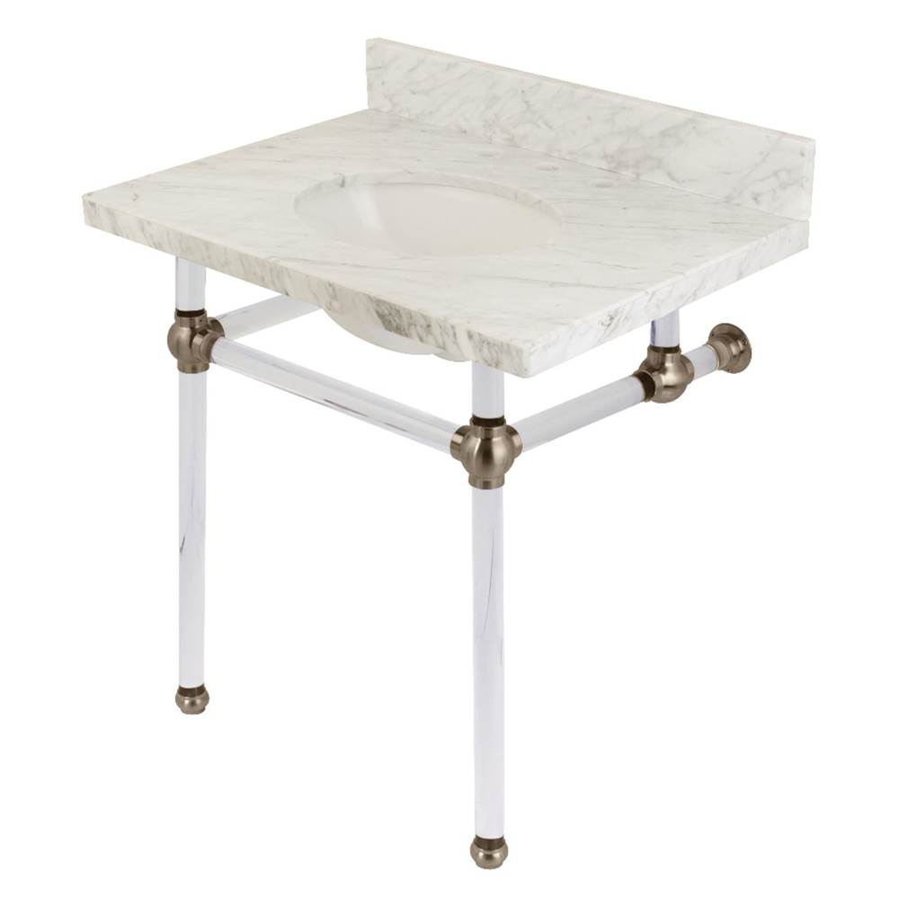 Kingston Brass Templeton 30'' x 22'' Carrara Marble Vanity Top with Clear Acrylic Console Legs, Carrara Marble/Brushed Nickel