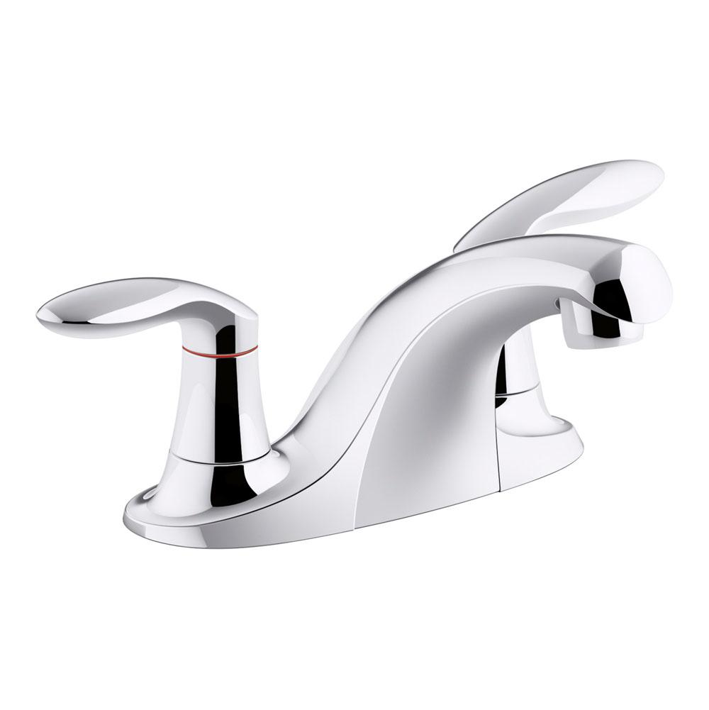 Kohler Coralais® Two-handle centerset bathroom sink faucet with grid drain, 0.5 gpm vandal-resistant aerator and red/blue indicator