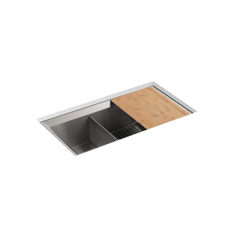 Kohler Poise® 33'' x 18'' x 9-1/2'' Undermount large/medium double-bowl kitchen sink, includes cutting board and rack