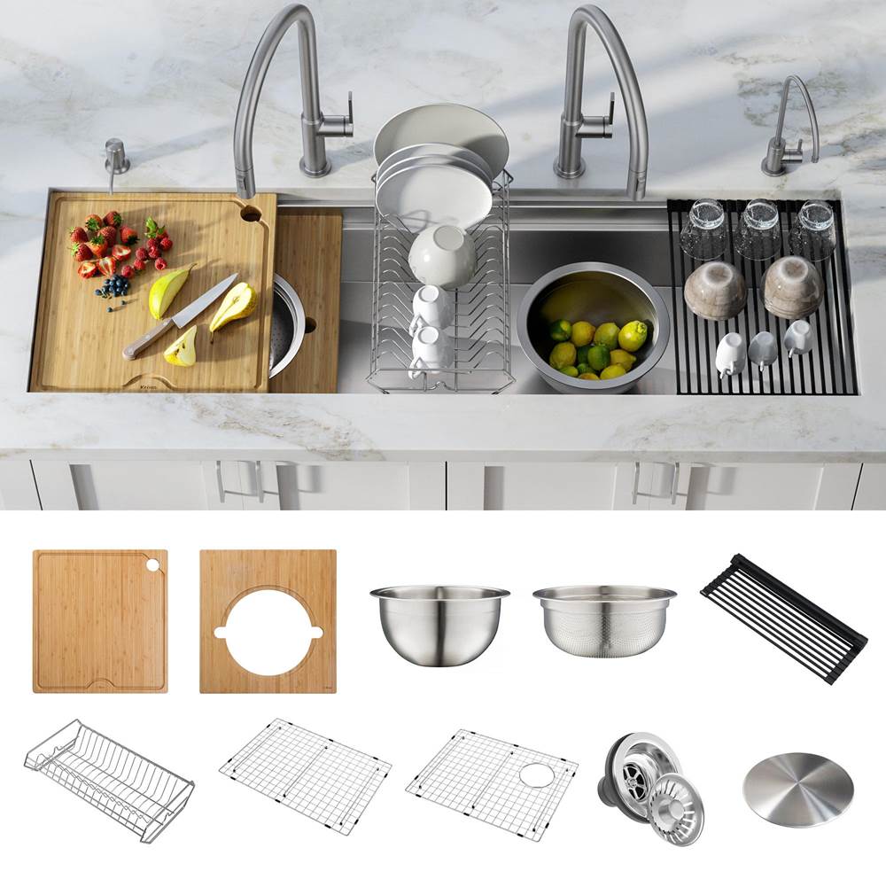 Kraus KRAUS Kore 2-Tier Workstation 57'' Undermount 16 Gauge Stainless Steel Single Bowl Kitchen Sink with 10 Piece Chef’s Kit of Accessories