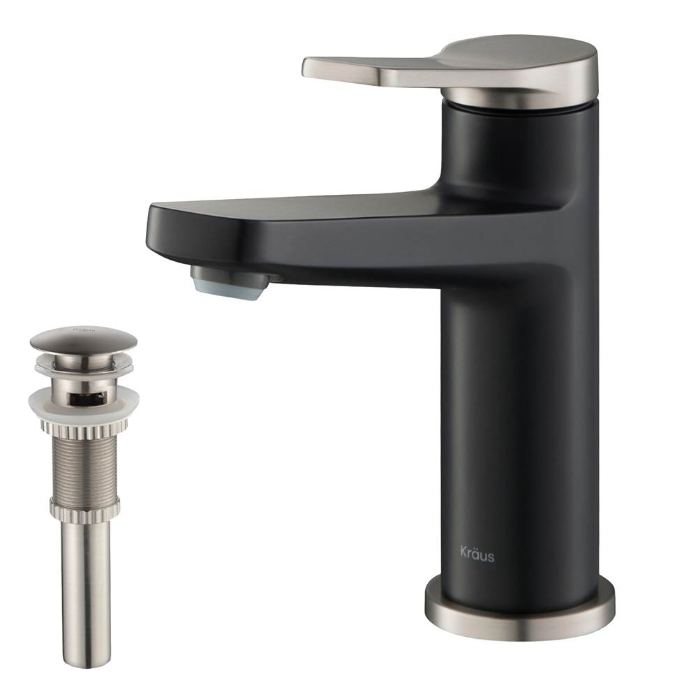Kraus Indy Single Handle Bathroom Faucet in Spot Free Stainless Steel/Matte Black and Matching Pop-Up Drain with Overflow