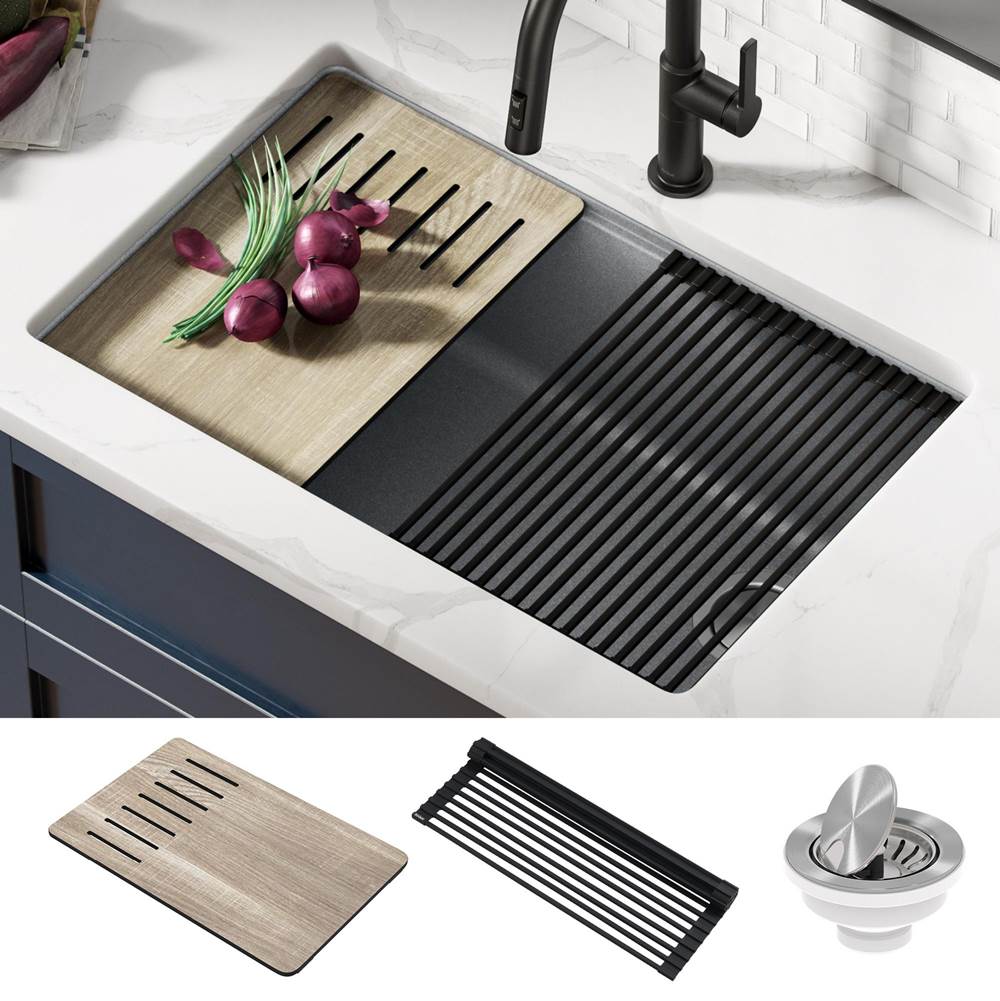 Kraus Bellucci Workstation 30 in. Undermount Granite Composite Single Bowl Kitchen Sink in Metallic Gray with Accessories