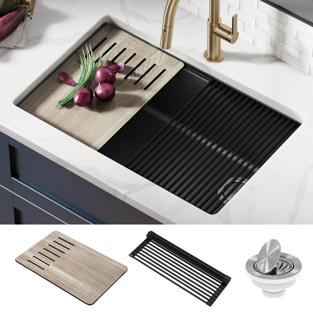 Kraus Bellucci Workstation 30 in. Undermount Granite Composite Single Bowl Kitchen Sink in Metallic Black with Accessories