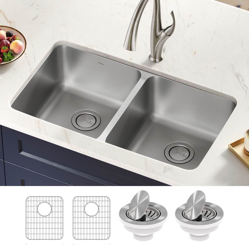 Kraus KRAUS Dex 33 in. Undermount 16 Gauge Antibacterial Stainless Steel Double Bowl Kitchen Sink