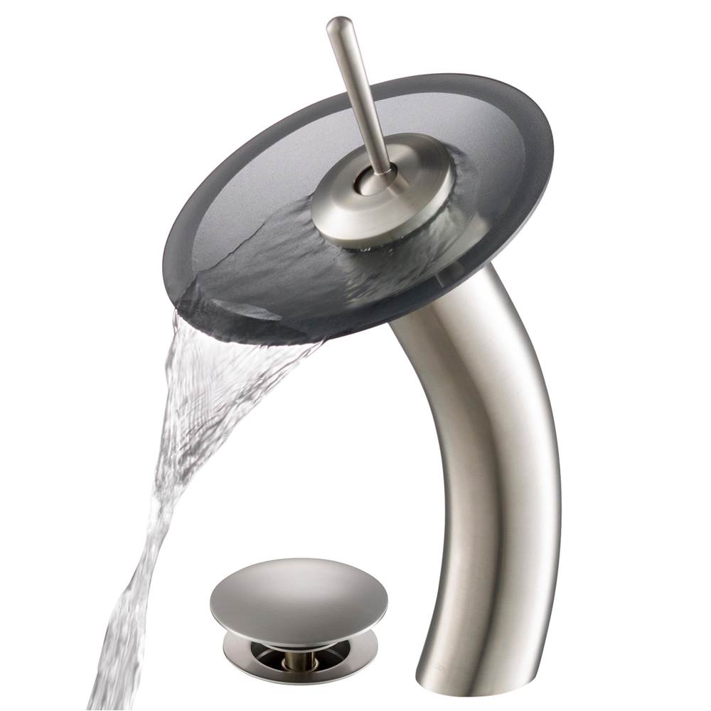 Kraus KRAUS Tall Waterfall Bathroom Faucet for Vessel Sink with Frosted Black Glass Disk and Pop-Up Drain, Satin Nickel Finish