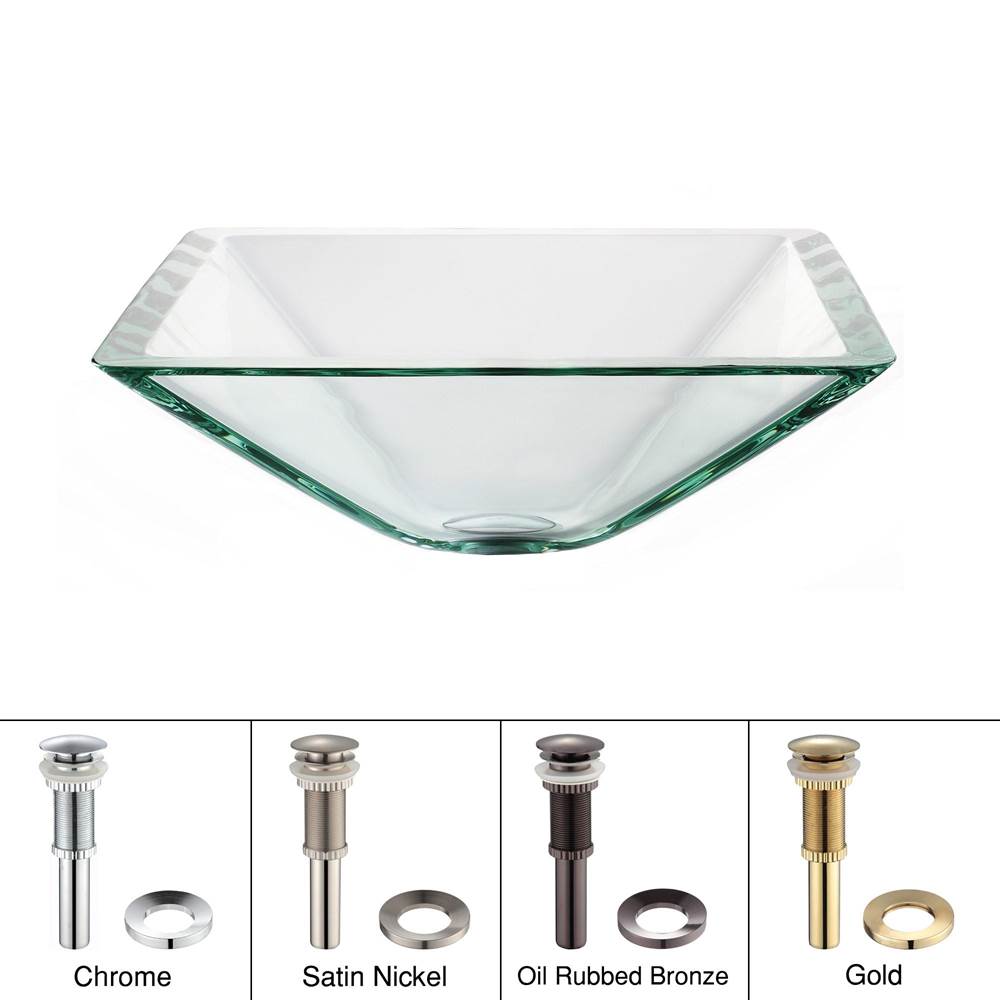 Kraus KRAUS Square Glass Vessel Sink in Clear with Pop-Up Drain and Mounting Ring in Satin Nickel