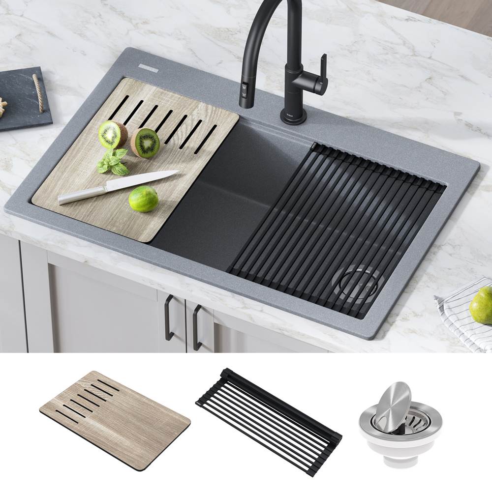 Kraus Bellucci Workstation 33 in. Drop-In Granite Composite Single Bowl Kitchen Sink in Metallic Gray with Accessories