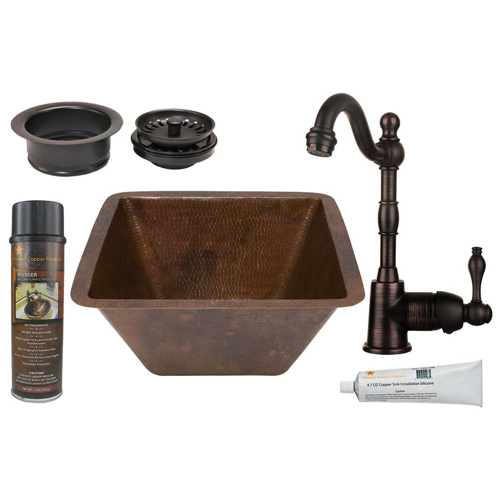 Premier Copper Products 15'' Square Hammered Copper Bar/Prep Sink, ORB Single Handle Bar Faucet, 3.5'' Garbage Disposal Drain and Accessories