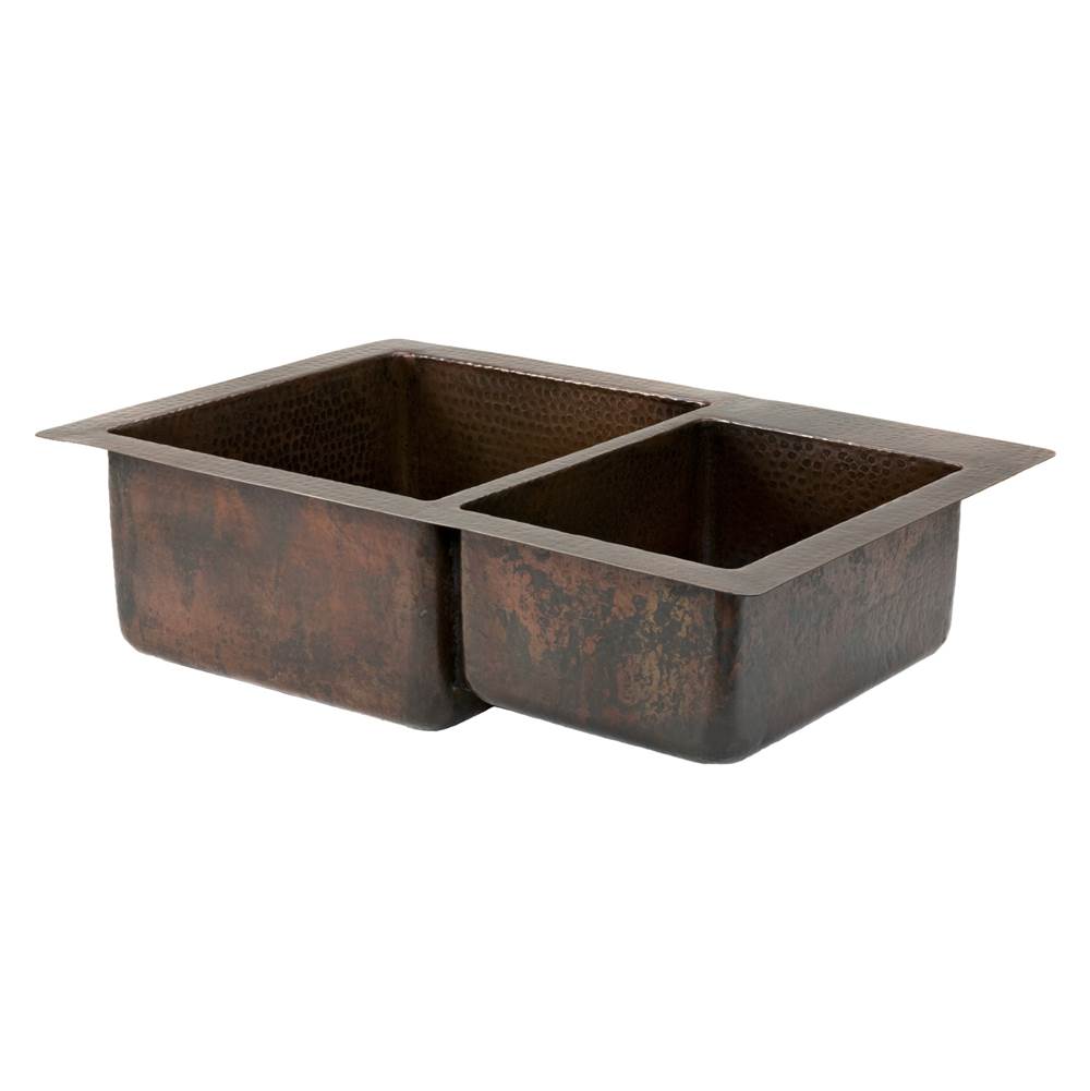 Premier Copper Products 33'' Hammered Copper Kitchen 60/40 Double Basin Sink