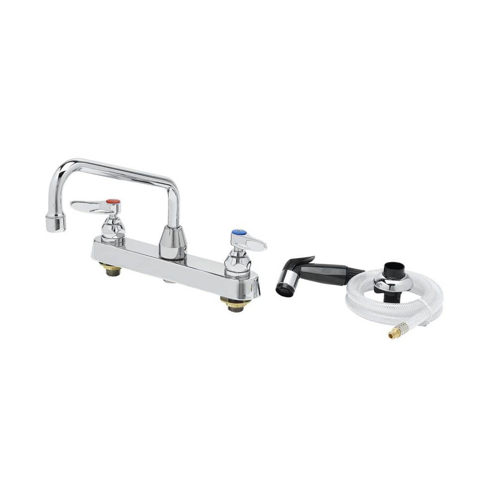 T&S Brass Workboard Faucet, Deck Mount, 8'' Centers, 8'' Swing Nozzle, Diverter, Hose & Side Spray