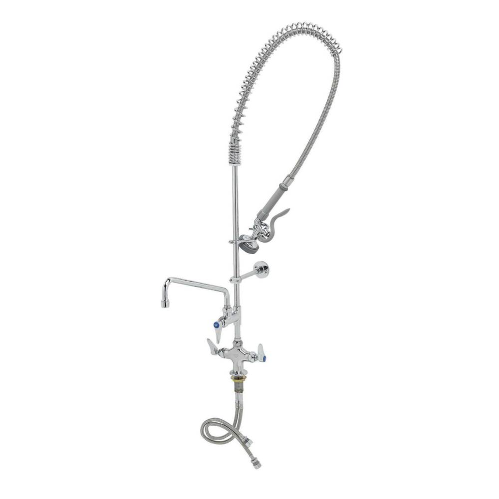 T&S Brass Pre-Rinse, Single Hole Base, Overhead Spring, Add-On Faucet, 12'' Nozzle, Wall Bracket