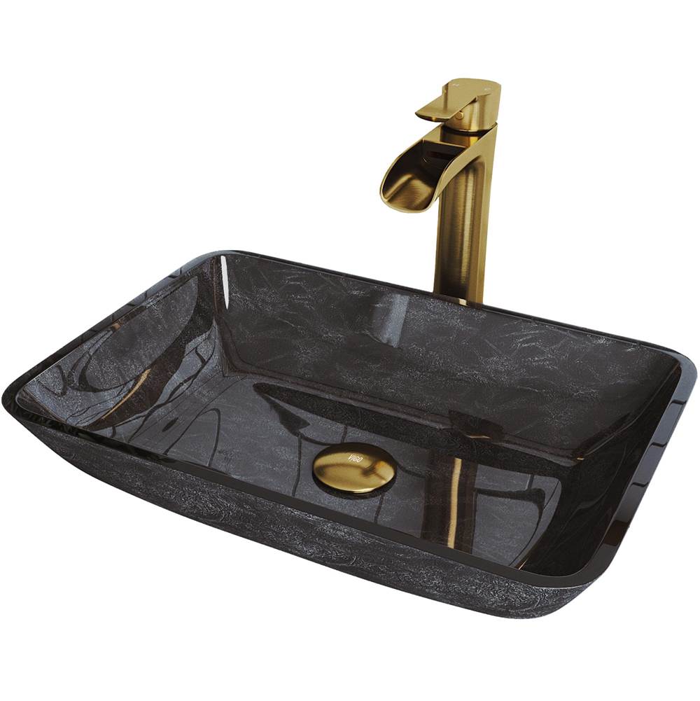 Vigo Rectangular Gray Onyx Bathroom Vessel Sink And Niko Vessel Faucet In Matte Brushed Gold With Pop-Up Drain