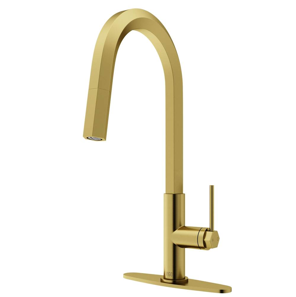 Vigo Hart Hexad Single Handle Pull-Down Spout Kitchen Faucet Set with Deck Plate in Matte Brushed Gold