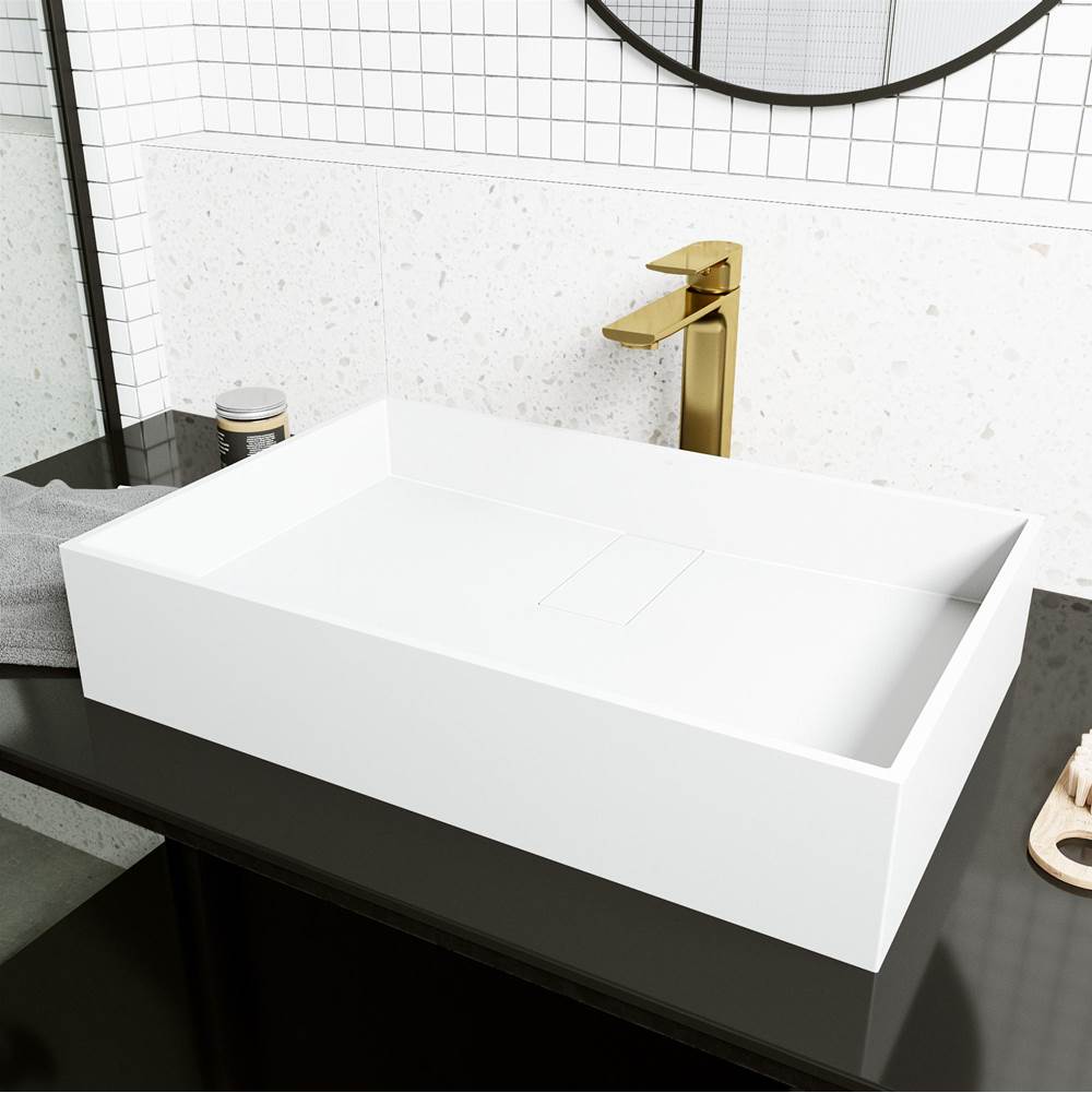 Vigo Bryant Grand Rectangular MatteStone Vessel Bathroom Sink with Norfolk Bathroom Faucet and Pop-Up Drain in Matte Brushed Gold