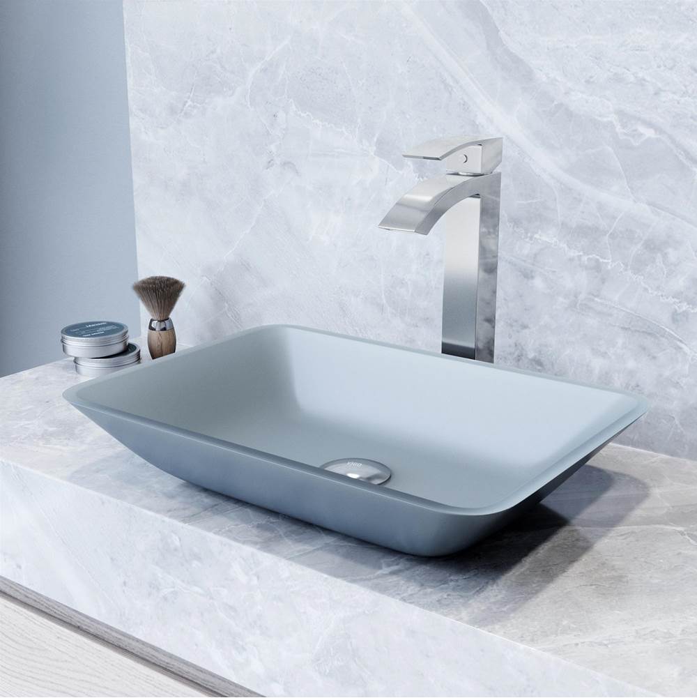 Vigo Matte Shell Sottile Glass Rectangular Vessel Bathroom Sink in Blue with Duris Faucet and Pop-up Drain in Chrome