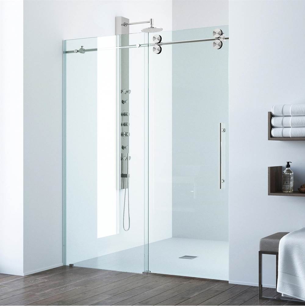 Vigo Elan 64 To 68 In. X 74 In. Frameless Sliding Shower Door In Stainless Steel With Clear Glass And Handle