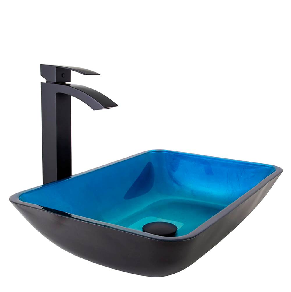 Vigo Rectangular Turquoise Water Glass Vessel Bathroom Sink Set With Duris Vessel Faucet In Matte Black
