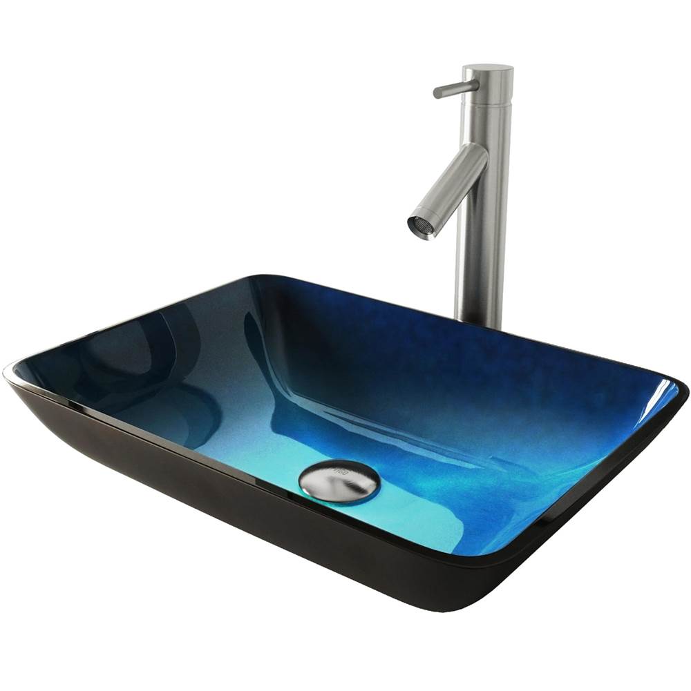 Vigo Rectangular Turquoise Water Glass Vessel Bathroom Sink Set With Dior Vessel Faucet In Brushed Nickel