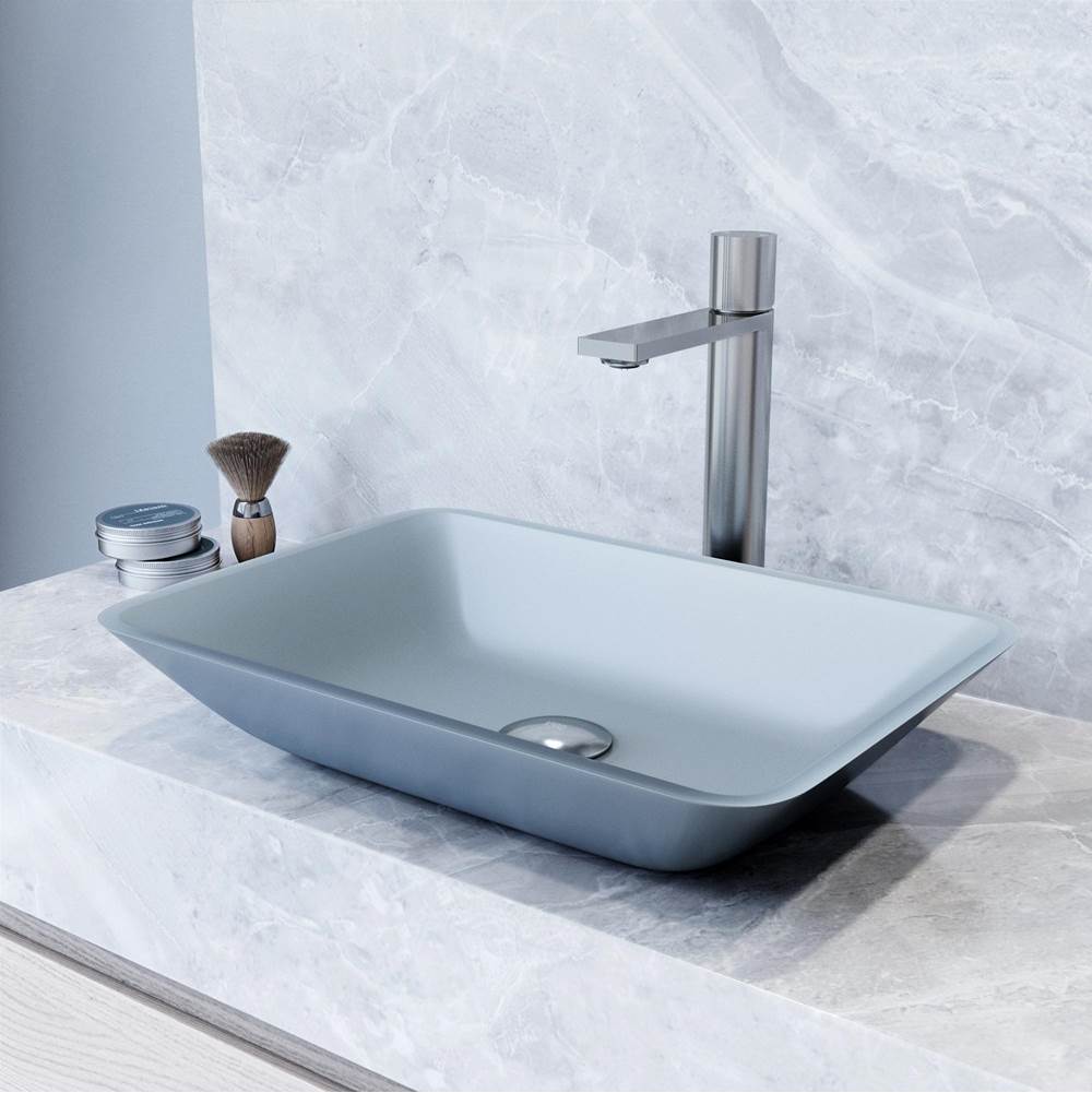 Vigo Matte Shell Sottile Glass Rectangular Vessel Bathroom Sink in Blue with Gotham Faucet and Pop-up Drain in Brushed Nickel