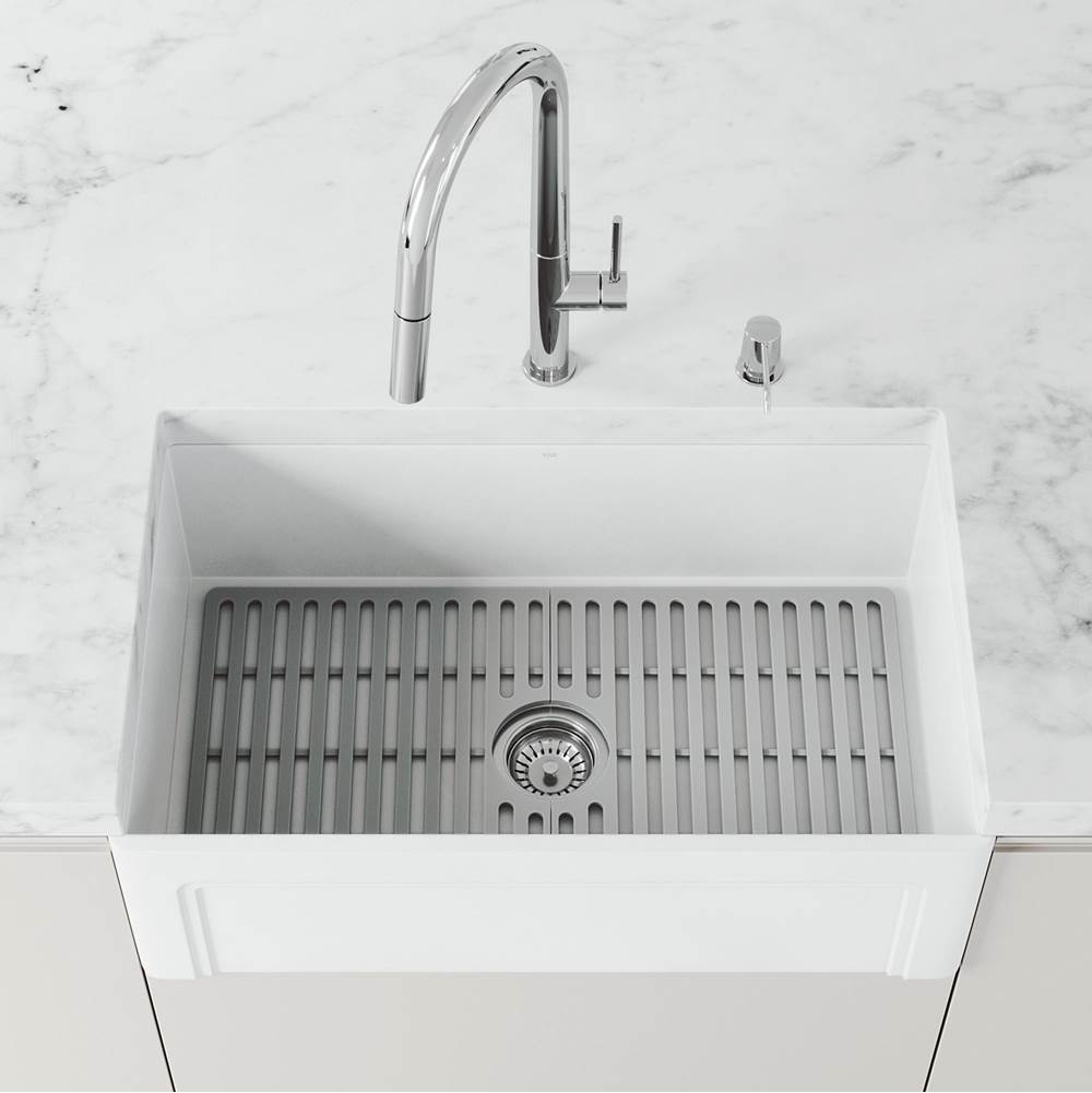 Vigo Matte Stone 30-in x 18-in White Reversible Single-Basin Standard Undermount Casement Apron Front/Farmhouse Residential/Commercial Kitchen Sink Set