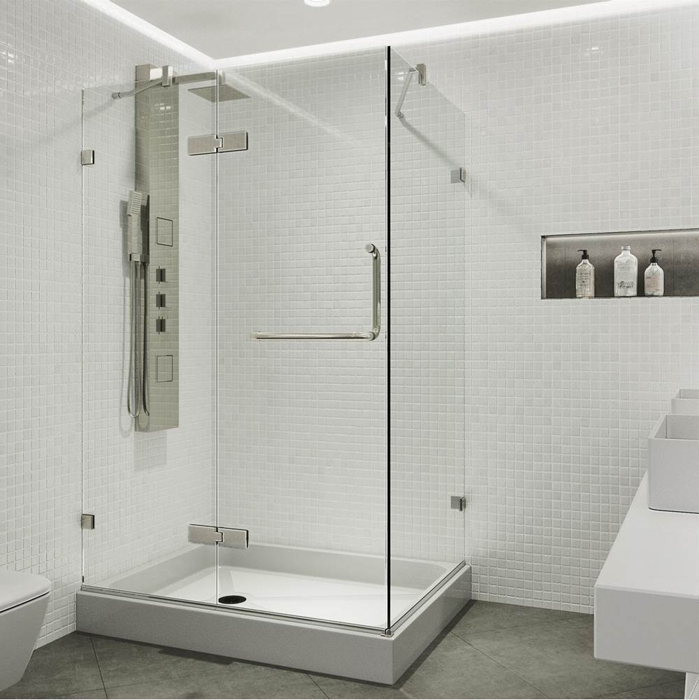 Vigo Monteray 32.375 W X 70.75 H Frameless Hinged Shower Enclosure In Brushed Nickel With Shower Base And Handle