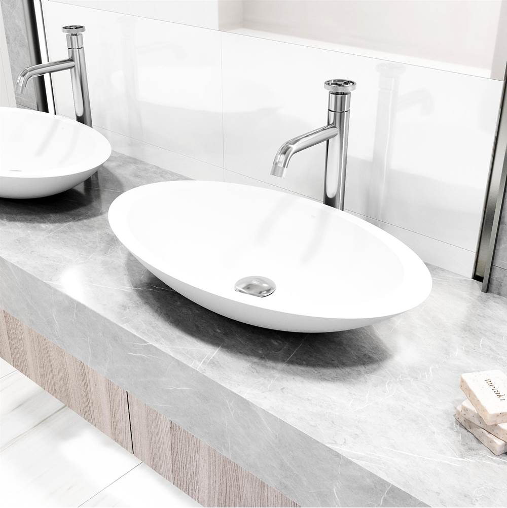 Vigo Matte Stone Wisteria Composite Oval Vessel Bathroom Sink in White with Cass Faucet and Pop-Up Drain in Chrome