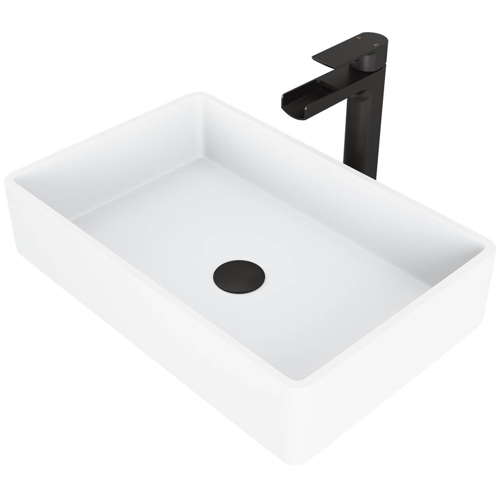 Vigo Magnolia Matte Stone Vessel Bathroom Sink Set With Amada Faucet In Matte Black