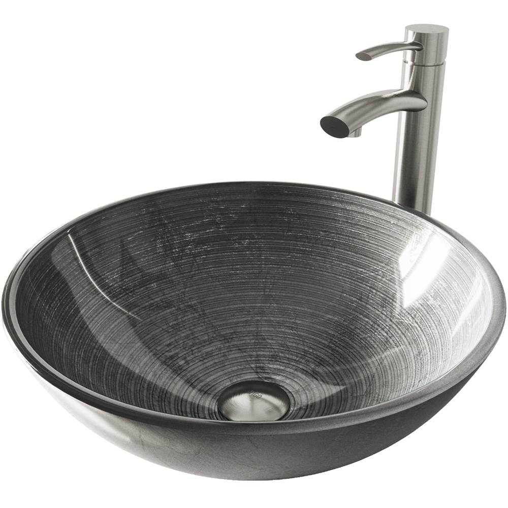 Vigo Simply Silver Glass Vessel Bathroom Sink Set With Milo Vessel Faucet In Brushed Nickel